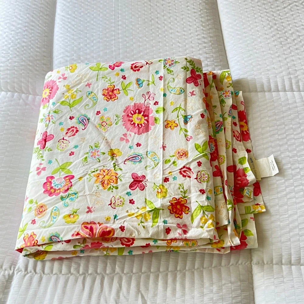 Vtg. Pottery Barn Kids Queen Sheet Set Cotton Floral Paisley Garden Party USA